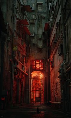 an alley way with red light at the end and dark buildings on either side,