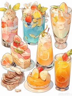 an image of various desserts and drinks on the table in watercolor pencils