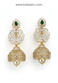 18 karat gold '4 in 1' detachable diamond jhumkas - diamond dangle earrings with color stones & south sea pearls
  width of the jhumka : 1.05 inches
  this product has inter changeable stones in the earrings
  
  note: only the front side has diamonds as shown in the picture, the back part of the jhumka which is not visible from the front is only gold without diamonds

introducing our exquisite 18 karat gold '4 in 1' detachable diamond jhumkas - diamond dangle earrings with color stones & south Yellow Gold Chandbali Jhumkas For Reception, Yellow Gold Chandbali Jhumkas Hand Set, Fusion Style Yellow Gold Chandbali Jhumkas, Yellow Gold Jhumkas For Reception And Festivals, Gold Diamond Bridal Earrings With Latkans, Gold Bridal Earrings With Diamond Latkans, Diamond Gold Jhumkas For Reception, Gold Diamond Jhumkas For Reception, Bollywood Diamond Gold Jhumkas