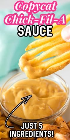 a person dipping sauce on top of french fries with the words copypaad cheesy sauce