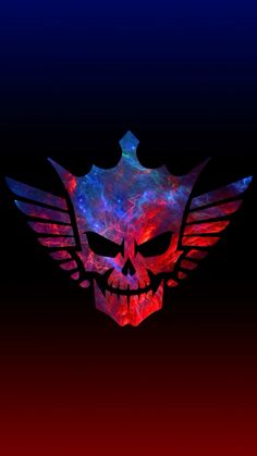 an image of a skull with wings on it's back wallpapers are red, blue and purple