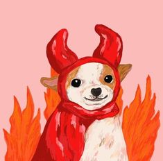 a drawing of a dog wearing a red hat and scarf with flames in the background