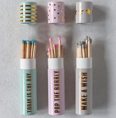 Cute and funny matches perfect for any celebration! The perfect complement when gifting from our large selection of candles 1-in. round x 4-1/2-in. h tube matchbox with long safety matches Three different sayings (each sold separately): Today is the Day Pop the Bubbly Make a Wish Candle Packaging Design, Homemade Scented Candles, Soya Mumu, Desain Pantry, Fotografi Vintage, Candle Matches, Safety Matches, Candle Aesthetic, Candle Packaging