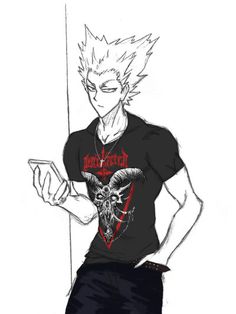 a drawing of an anime character holding a cell phone and looking at the screen with his hand on his hip