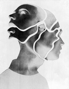 a black and white drawing of two people's heads with wavy lines on them