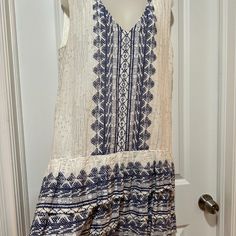 Soft Cotton, Sleeveless, Fully Lined Cream, And Navy Blue Summer Dress. Has A V-Neckline And 2 Flouncing Ruffles At The Bottom 34 Inches Long From The Shoulder, 19" Inches At The Bust (Nwot) Navy Blue Summer Dress, Blue Summer Dresses, Cotton Dress Summer, Size 12 Dress, Hm Dress, Cream Dress, Blue Cream, Summer Cotton, Cotton Dresses