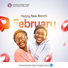 two women hugging each other in front of a sign that says happy new month february