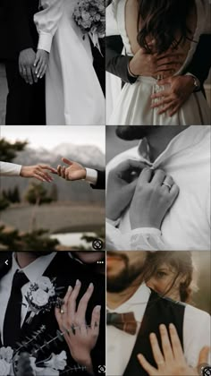 a collage of photos with hands and wedding rings on each hand, in black and white