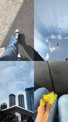 four different pictures with one person holding a yellow flower and the other showing birds flying in the sky