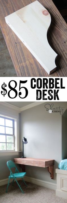 a desk made out of wood with the words $ 895 corbel desk on it