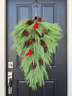 a wreath with pine cones and cardinal birds on it hangs on the front door's black door