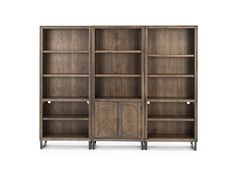 the bookcase is made from wood and has three doors on one side, two open shelves