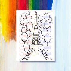 a drawing of the eiffel tower with balloons in front of rainbow paint strokes