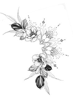 a black and white drawing of flowers with leaves on the bottom half of their arm