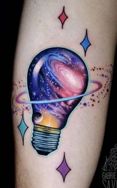 a tattoo with an image of a light bulb and planets