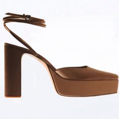 New With Tag Ankle Strap Chunky Heeled Satin Platform Shoes. Buckled Strap Closure At Ankle. Heel Height: 5.6 Inches (14.2 Cm) Platform Height: 1.7 Inches (4.2 Cm) Airfit. Flexible Technical Sole Made Of Latex Foam Designed To Offer Increased Comfort. Tag Size Eu39/Us8 S36 Chic Brown Heels For Evening, Chic Brown Evening Heels, Brown Platform Sandals With Pointed Toe, Brown Slingback Pumps With Wrapped Heel For Spring, Brown Pointed Toe Platform Sandals, Brown Slingback Pumps With Sculpted Heel For Summer, Brown High Heel Slingback Pumps For Party, Brown Sculpted Heel Slingback Pumps For Summer, Chic Brown Slingback Pumps With Ankle Strap