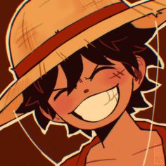 an animated image of a smiling boy wearing a straw hat with his eyes closed and mouth wide open