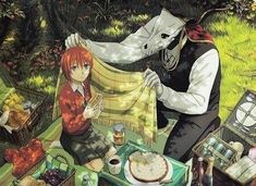 two anime characters sitting at a picnic table