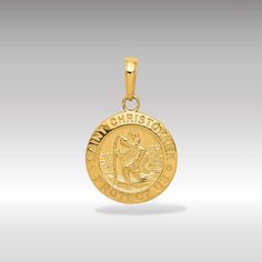 "Presenting our 14K Gold Saint Christopher Solid Medal Charm, a beacon of faith and protection for travelers around the globe. This exquisite charm is a tribute to Saint Christopher, the revered patron saint of travelers, offering a blend of spiritual reassurance and artisanal elegance. Meticulously crafted in solid 14K gold, this pendant is both a durable and meaningful accessory, designed to accompany you on your journeys. The front of the medal showcases a detailed depiction of Saint Christopher, traditionally portrayed bearing the Christ child across a river, symbolizing his role as a guardian and protector. The phrase \"PROTECT US\" is thoughtfully engraved, serving as a heartfelt invocation for safety and guidance. This Saint Christopher medal is not merely an ornament but a symbol o Engraved Round Pendant Jewelry As Souvenir, Engraved Round Pendant Jewelry For Souvenir, St Christopher Medal, Protection Amulet, Saint Christopher, Chains Necklaces, Patron Saints, Box Chain, Ring Bracelet