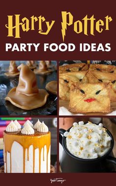 harry potter party food ideas with pictures of desserts, pies and other treats