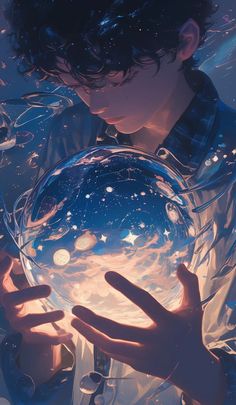 a boy holding a crystal ball in his hands and looking at the water inside it