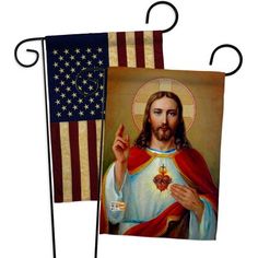 an american flag and a painting of jesus holding the cross in front of a white background