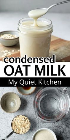 ingredients for homemade oat milk in small bowls and spoons