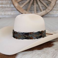 The Falcon Western Feather Hat Band boasts a width of 4 cm and an approximate length of 58 cm, excluding the leather ties. Designed to fit most sizes, this adjustable hat band features leather ties for a secure and comfortable fit. Please note that this product includes one single hat band and does not come with a hat. The feather detailing adds a bold touch of western flair, making it a distinctive addition to any hat. Country Style Adjustable Hat Band For Brimmed Hats, Adjustable Country Style Hat Band For Country Events, Country Style Adjustable Hat Band For Country Events, Adjustable Fit Country Style Hat Band For Country Events, Adjustable Brown Hat Band For Country Events, Adjustable Brimmed Felt Hat For Country Events, Adjustable Flat Brim Hat Band For Rodeo, Adjustable Brown Top Hat For Ranch, Western Adjustable Hats For Kentucky Derby