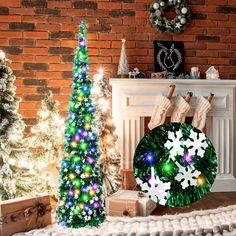 a christmas tree decorated with multicolored lights and snowflakes next to a fireplace