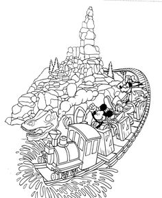 the mickey mouse train is coming down the track with his friends in it coloring page