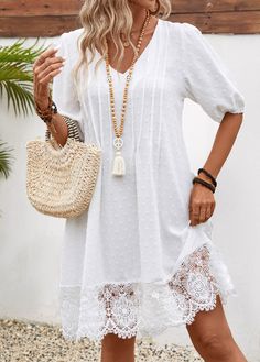 White Patchwork Shift Dress, White Shift Dress With Patchwork, White V-neck Dress With Patchwork, Free People Style, Half Sleeve, Half Sleeves, White Lace, Shift Dress, Free People