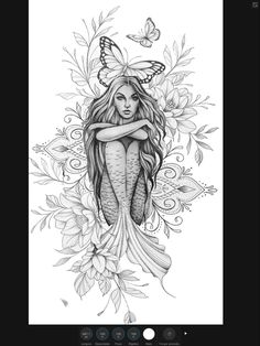 a drawing of a mermaid with butterflies on her head and arms, sitting in front of flowers