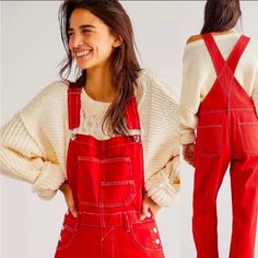 Questions? Leave A Comment Below! Red Overall Jumpsuit For Fall, Red Overall Jumpsuit With Pockets, Red Summer Overalls With Pockets, Casual Red Overall Jumpsuits And Rompers, Casual Red Cotton Jumpsuits And Rompers, Red Cotton Overalls For Spring, Trendy Red Long Sleeve Jumpsuits And Rompers, Casual Red High Waist Jumpsuits And Rompers, Red Cotton Overalls For Summer