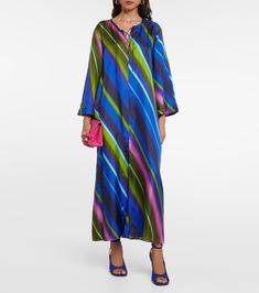 Citylight Stripes silk-twill midi dress in multicoloured - Dorothee Schumacher | Mytheresa Spring Long Sleeve Silk Crepe Dresses, Chic Silk Crepe Midi Summer Dress, Chic Silk Crepe Dress For Summer, Chic Multicolor Viscose Midi Dress, Multicolor Silk Midi Dress For Summer, Summer Multicolor Silk Midi Dress, Multicolor Silk Midi Dress For Evening, Spring Maxi Silk Dress, Spring Viscose Silk Maxi Dress