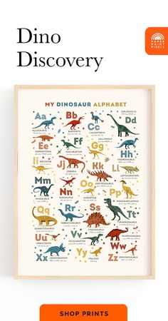 A framed poster of an alphabet print. In a wooden frame on a white wall Dinosaur Nursery, Personalized Gifts For Kids