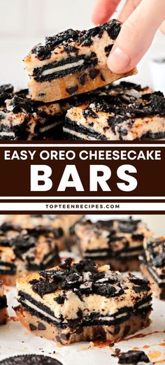 easy oreo cheesecake bars with chocolate chips on top and in the middle, being held up by someone's hand