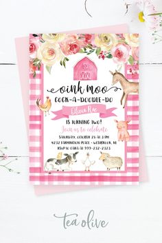 a pink and white checkered baby shower with farm animals on it, including flowers