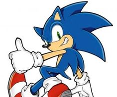 sonic the hedge is riding on top of a skateboard and has his thumb up