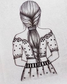 a pencil drawing of a girl with long hair in a ponytail, wearing a dress