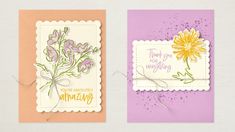 two handmade cards with flowers on them, one is purple and the other is white