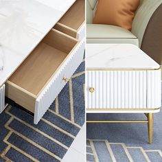 a white desk with drawers and a chair next to it on carpeted flooring