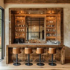 a bar with four stools in front of it and a large mirror on the wall