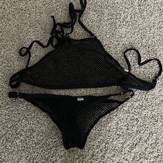 Black Mesh Wicked Weasel Halter Top Bikini! Size Small Never Worn! Black Hollow Out Swimwear For The Beach, Black Hollow Out Beach Swimwear, Black Hollow Out Swimwear For Beach, Black Mesh Swimwear For Vacation, Black Tie-side Swimwear For Festivals, Black Mesh Swimwear For Summer, Black Mesh, Halter Top, Womens Swim