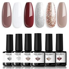 Modelones Gel Nail Polish 6 Colors Nude Gel Polish Pure White Glitter Brown Burgundy Red Champagne Gold Silver Fall Winter Nail Art Design Kit Basic Soak Off U V Gel Manicure DIY Salon at Home Gifts20.89 #Beauty Gold Glitter Nails, Gel Nail Kit, Nail Polish Set, Brown Nails