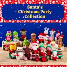 a group of stuffed animals sitting next to each other on a wooden table in front of a blue sign that says santa's christmas party collection