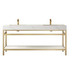 a white and gold console table with two sinks