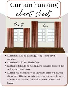 the curtain hanging chart shows how to hang curtains in an empty room with red drapes