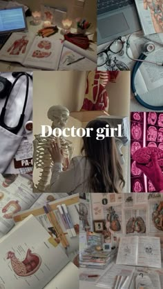 the collage shows images of medical items, including an open book and a laptop