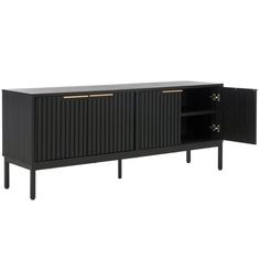 the sideboard is black and has gold accents