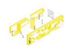 people are standing in an open space with yellow walls and floor to ceiling partitions